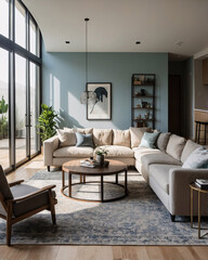 Fototapeta premium Bright neutral traditional living room with large windows elegant couch and a plush rug under the furniture