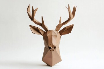 Brown origami deer head with antlers, showcasing intricate folds and geometric design, promoting creativity and sustainability