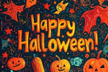 Colorful Halloween illustrations feature pumpkins, bats, and ghostly elements surrounding a cheerful greeting. This artwork captures the excitement and fun of the spooky season.