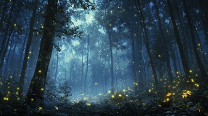 Obraz premium Majestic forest illuminated by fireflies during a mystical twilight hour in a serene natural setting