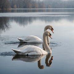 Fototapeta premium A pair of swans gracefully gliding on a pristine lake, their reflection mirrored perfectly against the white background.