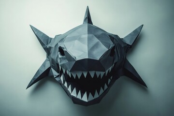 Modern origami shark face with sharp teeth bared, embodying a powerful and menacing presence