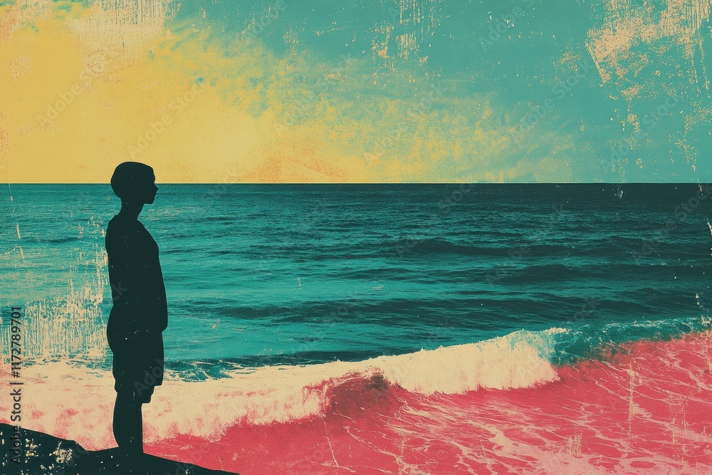 Poster coastal contemplation at sunset with a retro risograph style aesthetic. generative ai