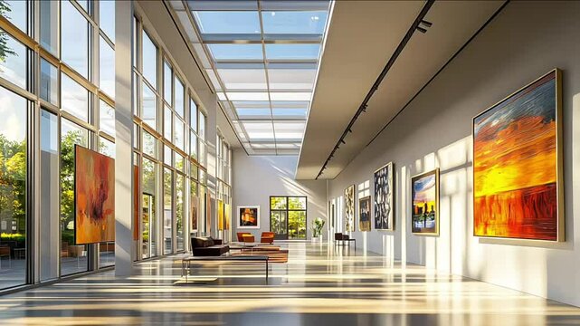An art gallery with beautiful paintings displayed on minimalist white wall