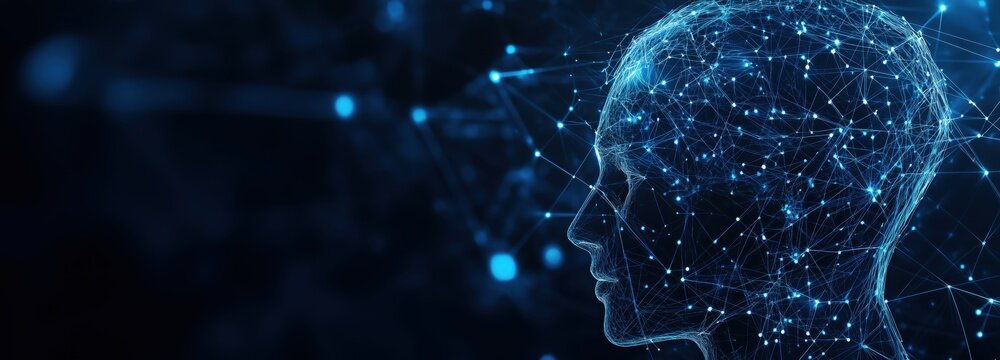 Digital Neural Network Concept with Glowing Connections. A futuristic depiction of a human profile interconnected with glowing blue neural networks and data points