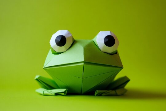 Green paper frog created with origami technique, resting on a vibrant background of the same color