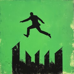 Businessman Leaping Over Urban Landscape on Bold Green Background