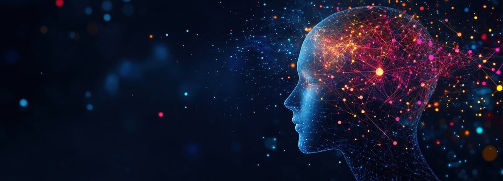 Digital Neural Network Concept with Glowing Connections. A futuristic depiction of a human profile interconnected with glowing blue neural networks and data points