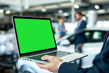 Laptop with green screen held by man in suit in car dealership, blurred car and discussions in background. Concept of business, technology. Ai generative