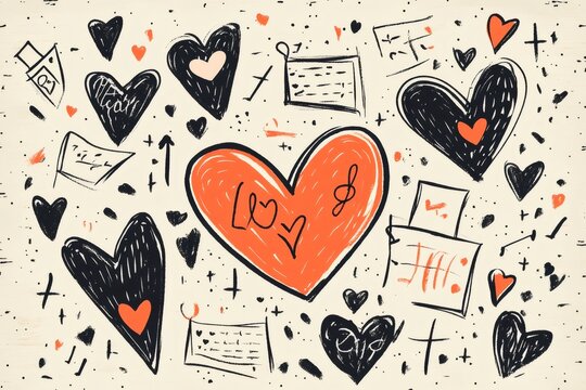 Illustration featuring hand drawn hearts, love letters, and musical notes evokes the spirit of valentine's day
