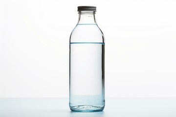 Fototapeta premium Studio shot of half full glass water bottle on white background representing hydration, health, and wellness