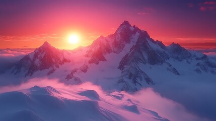 Stunning Wide Shot Photo: Majestic Mountains Glowing Vibrantly at Sunset. AI Generated