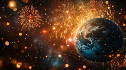 Earth in space with fireworks, celebrating a new year or a special occasion, cosmic background with glowing stars and nebulae.