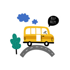 School bus rolling on road and handwritten text Beep beep. Cute cartoon baby boy poster with car in cartoon style. Vector print with car for fabric, textile, postcard, apparel or kids room