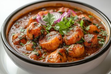 Fototapeta premium Delicious Indian Fish Curry Garnished with Fresh Coriander and Red Onion