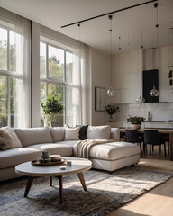 Fototapeta premium Cozy traditional design with large windows soft neutral couch and a rug under the furniture