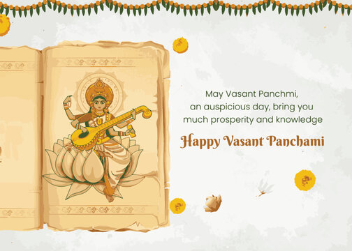 Maa saraswati with book Happy vasant or basant panchami