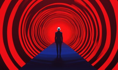 Surreal Visualization of Person Walking Through Abstract Tunnel of Red