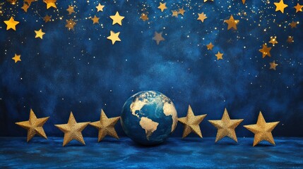 Earth globe surrounded by golden stars on a dark blue background.