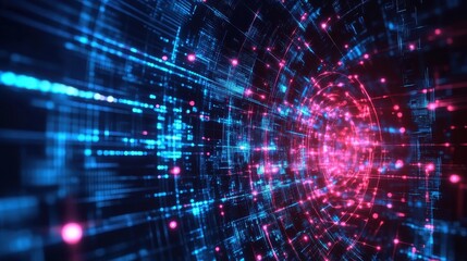 Fototapeta premium Vibrant digital tunnel showcasing glowing blue and pink lines with a futuristic atmosphere at night