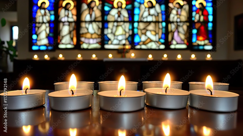 Wall mural A serene setting with lit candles in front of stained glass windows, evoking tranquility.