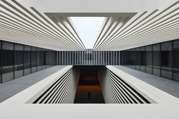 Striking minimalist architecture; person walking below a modern building's geometric design.