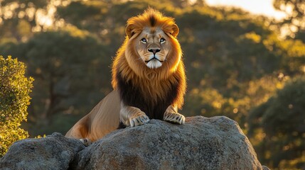 Majestic Lion King Perched on Rocky Outcrop, Wildlife Portrait bathed in Golden Hour Light