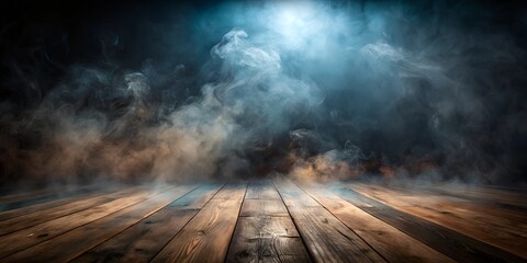 Fototapeta premium Dark background, wooden floor, smoke, fog, atmospheric, moody, no people, low angle, dramatic lighting, high contrast