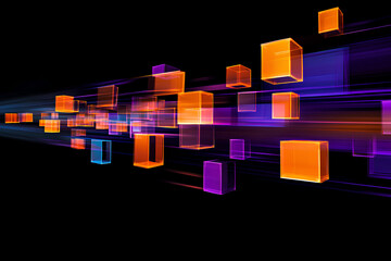 Digital Flux: Abstract artwork featuring vibrant orange and purple cubes moving at high speed in a dark background, suggesting technological advancement and data flow. 