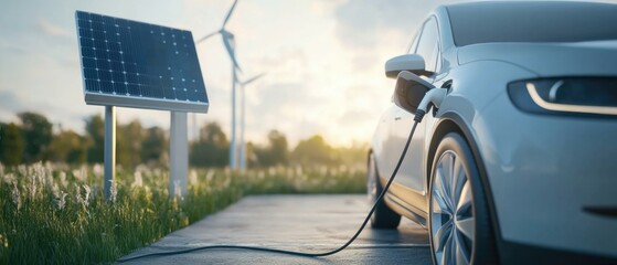 Closeup EV charger handle plugged in or connect to electric car, recharging EV car battery with alternative and sustainable energy with zero CO2 emission for clean environment. Perpetual. High quality