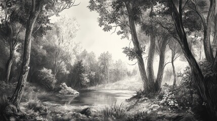 Serene Monochrome Forest River Landscape Scene
