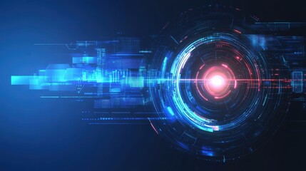 Futuristic digital technology design featuring glowing circular patterns and bright lights in a dark environment