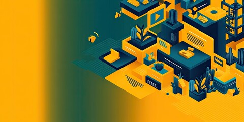 Fototapeta premium Abstract geometric illustration with vibrant colors and plant motifs, suggesting digital creativity.