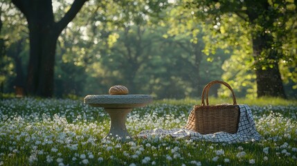 Spring product display podium in a blooming meadow with picnic basket
