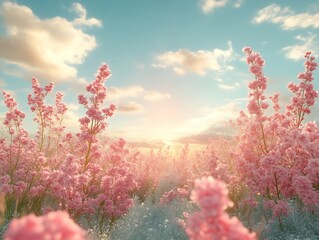 Pink flowers sunset field.