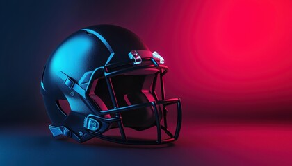 Fototapeta premium Black Football Helmet with Blue and Red Lighting on Dark Background