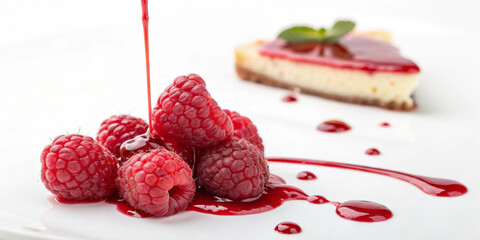 Fresh raspberries are doused in a bright red sauce,enhancing their natural color and sweetness. In the background,slice of cheesecake with the same red sauce and a mint leaf gives it elegant look.AI