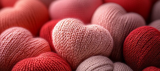Close Up Of Red And Pink Knitted Heart Shaped Objects, For Winter Prints, High Resolution