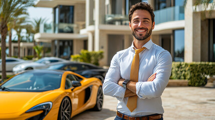 Successful Man Smiling Near Luxury Cars and Home (1)