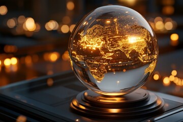 Illuminated globe display showcasing a detailed map of the world, with golden lights reflecting in a nighttime setting