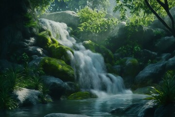 Sunlight filters through the trees, illuminating a picturesque waterfall flowing over moss covered rocks in a tranquil forest setting