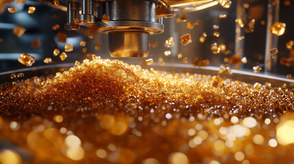 Brown sugar crystals being formed in a processing machine during a bright and sunny afternoon