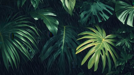 Fototapeta premium Lush green leaves glisten with raindrops in a tropical rainforest setting during a refreshing rain shower