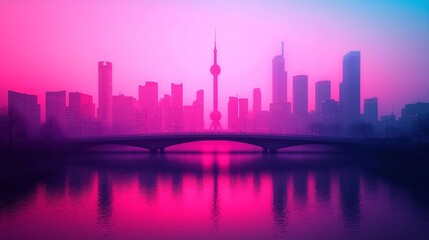 Vibrant pink and purple city skyline at sunrise, reflected in calm water with bridge.