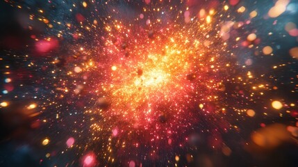 Fototapeta premium Dazzling Burst of Vibrant Fiery Sparks and Radiance in Dramatic Cosmic Landscape