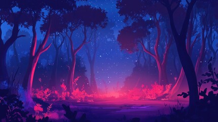 Fototapeta premium Vibrant enchanted forest illuminated by ethereal lights during a calm evening