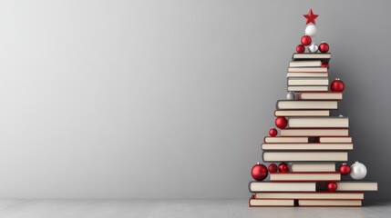 A creative book stack arranged as a Christmas tree, adorned with colorful ornaments, blending holiday spirit and literary passion.