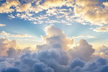 Fluffy clouds illuminated by soft sunlight against a clear blue sky, creating a peaceful and dreamy atmosphere. Concept of tranquility and nature. Ai generative