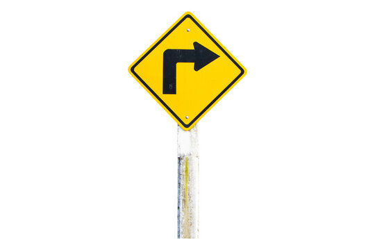 Warning traffic sign yellow right turn sign on concrete pole isolated on cut out PNG or transparent background. Rules for road users. Its traffic sign. Bold black symbol arrow.