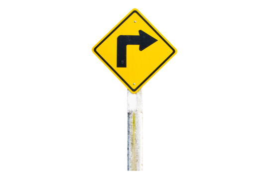 Warning traffic sign yellow right turn sign on concrete pole isolated on cut out PNG or transparent background. Rules for road users. Its traffic sign. Bold black symbol arrow.